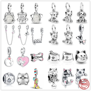 925 Sterling Silver Paw Print & Bone Pet Charm Bead Gift