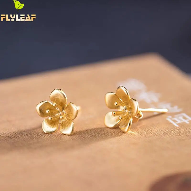 925 Silver Peach Blossom Stud Earrings 18k Flower Ethnic Style Vintage Jewelry