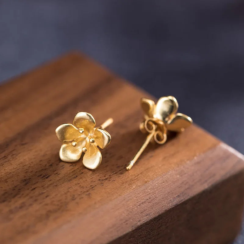 925 Silver Peach Blossom Stud Earrings 18k Flower Ethnic Style Vintage Jewelry