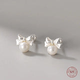 925 Silver Pearl Bow Stud Earrings for Women Romantic Jewelry Gift