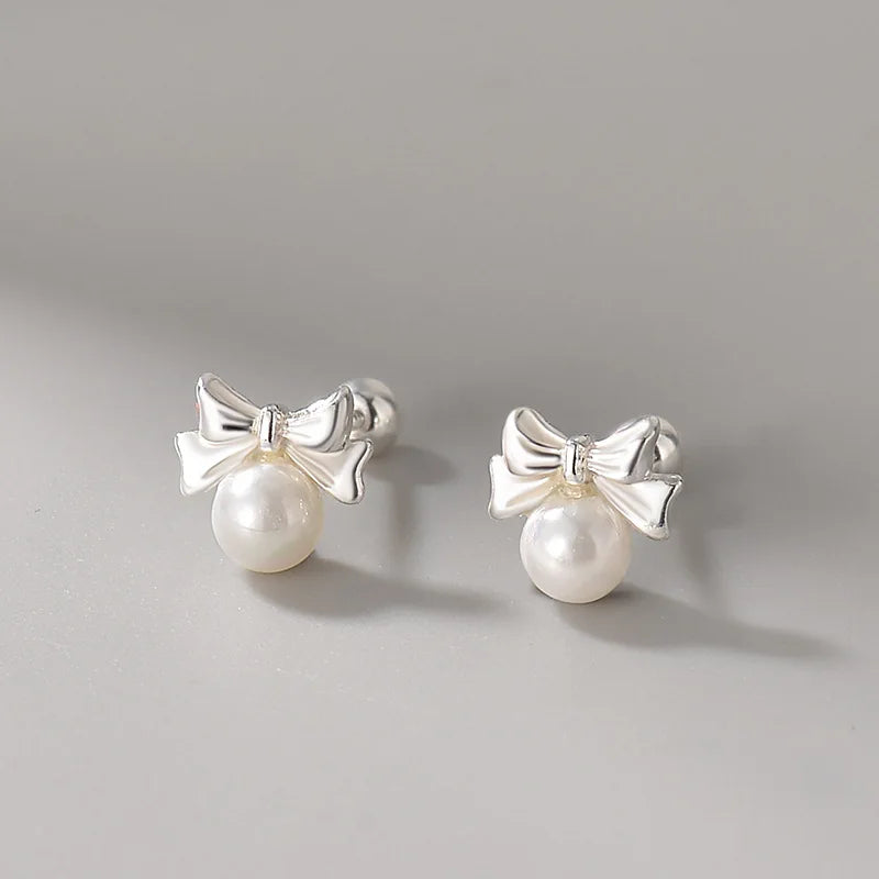 925 Silver Pearl Bow Stud Earrings for Women Romantic Jewelry Gift