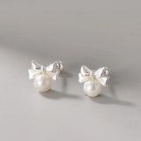 925 Silver Pearl Bow Stud Earrings for Women Romantic Jewelry Gift
