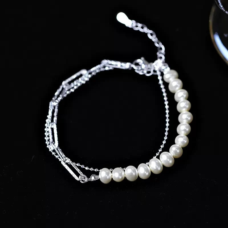 925 Silver Pearl Bracelet Double Layer Sparkling Gift Jewelry