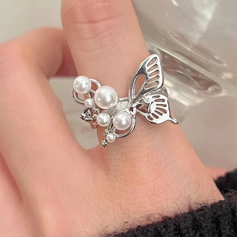 925 Silver Pearl Butterfly Adjustable Ring Women Jewelry