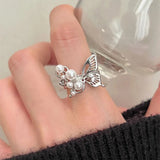 925 Silver Pearl Butterfly Adjustable Ring Women Jewelry