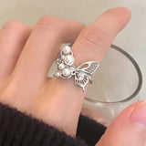 925 Silver Pearl Butterfly Adjustable Ring Women Jewelry