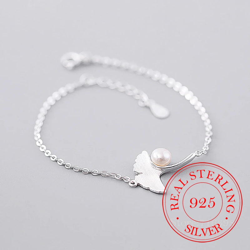 925 Sterling Silver Pearl Charm Bracelet Leaves Bangles Wedding Gift