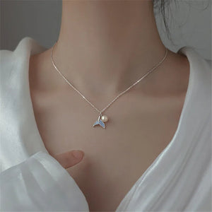 925 Silver Mermaid Charm Necklace Pearl Crystal Choker