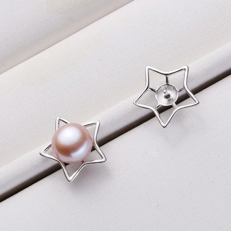 925 Silver Pearl Earrings 5 Star Stud Charm Findings Jewelry Women's Accessories
