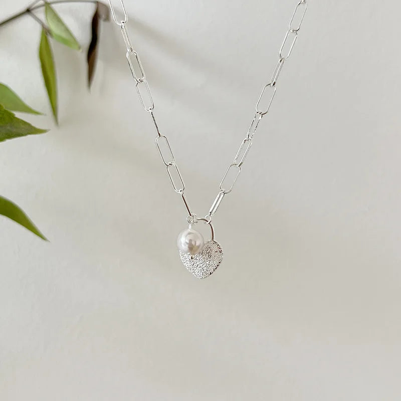925 Silver Pearl Lock Heart Pendant Necklace Wide Chain Jewelry