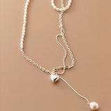925 Silver Pearl Heart Tassel Choker Necklace for Women
