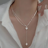 925 Silver Pearl Heart Tassel Choker Necklace for Women