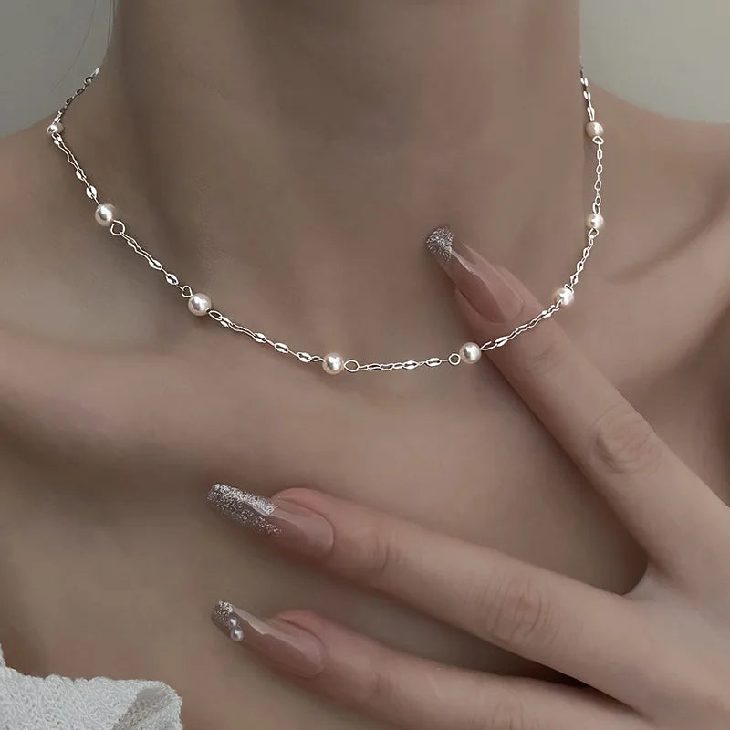 925 Silver Pearl Long Chain Choker Necklace For Women