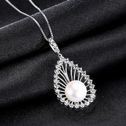 925 Silver Pearl Necklace Zircon Pave Ethnic Style Pendant Necklace JPN333