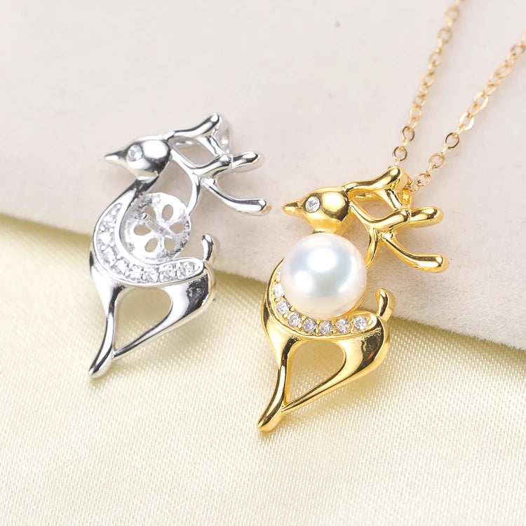 925 Silver Pearl Pendant Christmas Deer Snow Necklace Setting