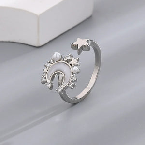 925 Silver Pearl Shell Star Moon Ring Women Party Jewelry