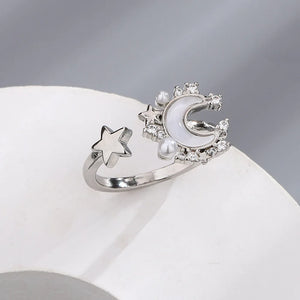 925 Silver Pearl Shell Star Moon Ring Women Party Jewelry