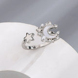 925 Silver Pearl Shell Star Moon Ring Women Party Jewelry