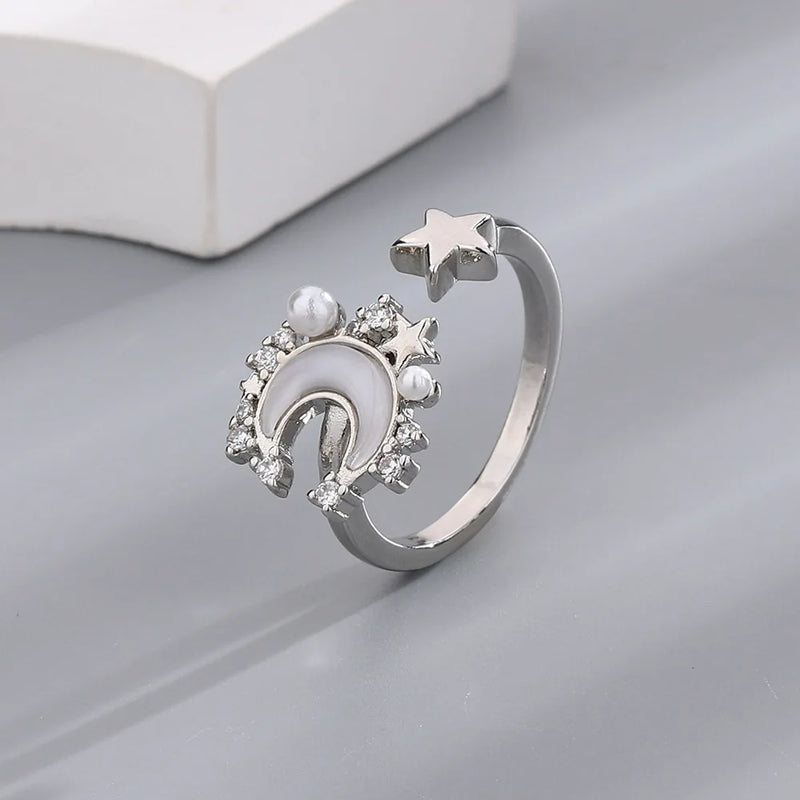925 Silver Pearl Shell Star Moon Ring Women Party Jewelry