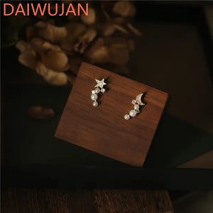 925 Silver Pearl Stud Earrings Asymmetric Star Moon Women's Party Jewelry