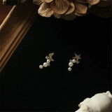925 Silver Pearl Stud Earrings Asymmetric Star Moon Women's Party Jewelry