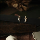 925 Silver Pearl Stud Earrings Asymmetric Star Moon Women's Party Jewelry