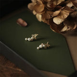 925 Silver Pearl Stud Earrings Asymmetric Star Moon Women's Party Jewelry