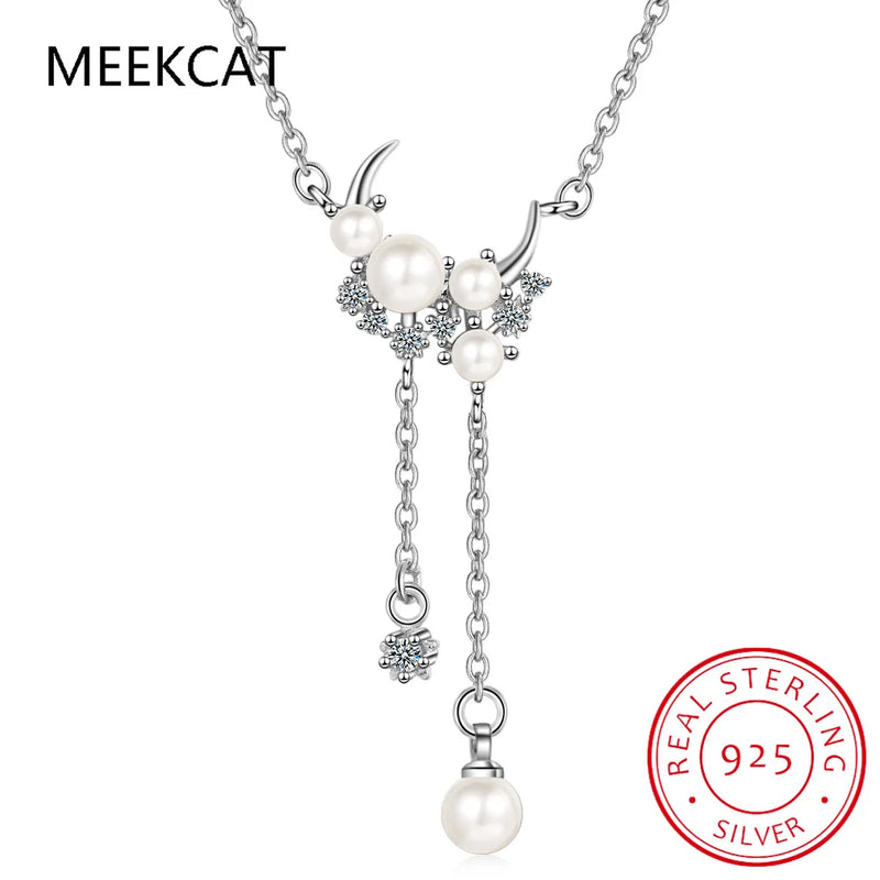 925 Silver Moon Necklace with Pearl Tassels for Women Choker Jewelry
