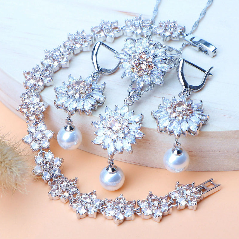 925 Silver Pearls Set Champagne Zircon Wedding Necklace