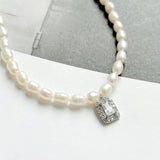 925 Silver Pendant CZ Choker Freshwater Pearl Necklace