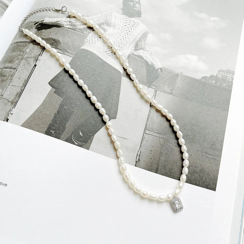 925 Silver Pendant CZ Choker Freshwater Pearl Necklace