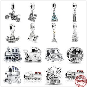 925 Silver Pendant Baby Carriage Tower Bead Charm Bracelet Jewelry Gift