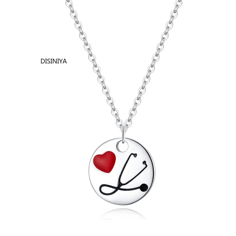 925 Silver Doctor Stethoscope Heart Coin Necklace