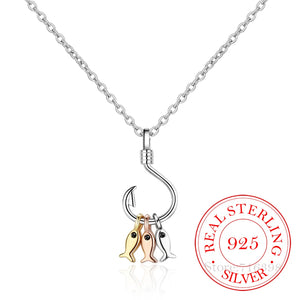 Sterling Silver Fish & Hook Pendant Necklace Choker Chain Jewelry