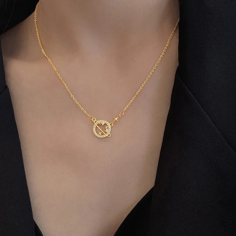 925 Silver Pendant Necklace Hollow Planet Zircon Clavicle Chain