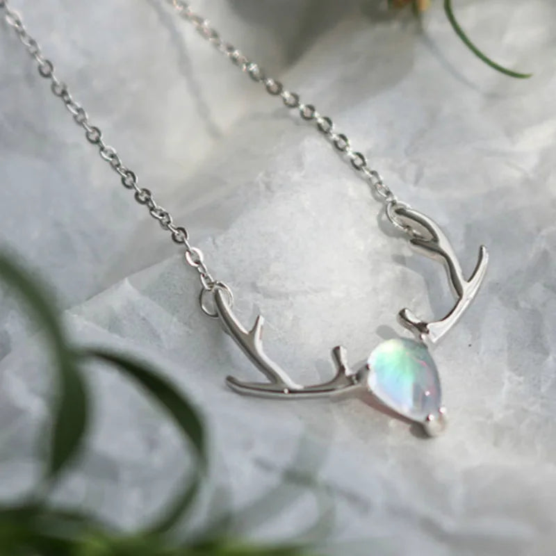 925 Silver Pendant Necklace Multicolored Elk Antlers Moonstone Necklace