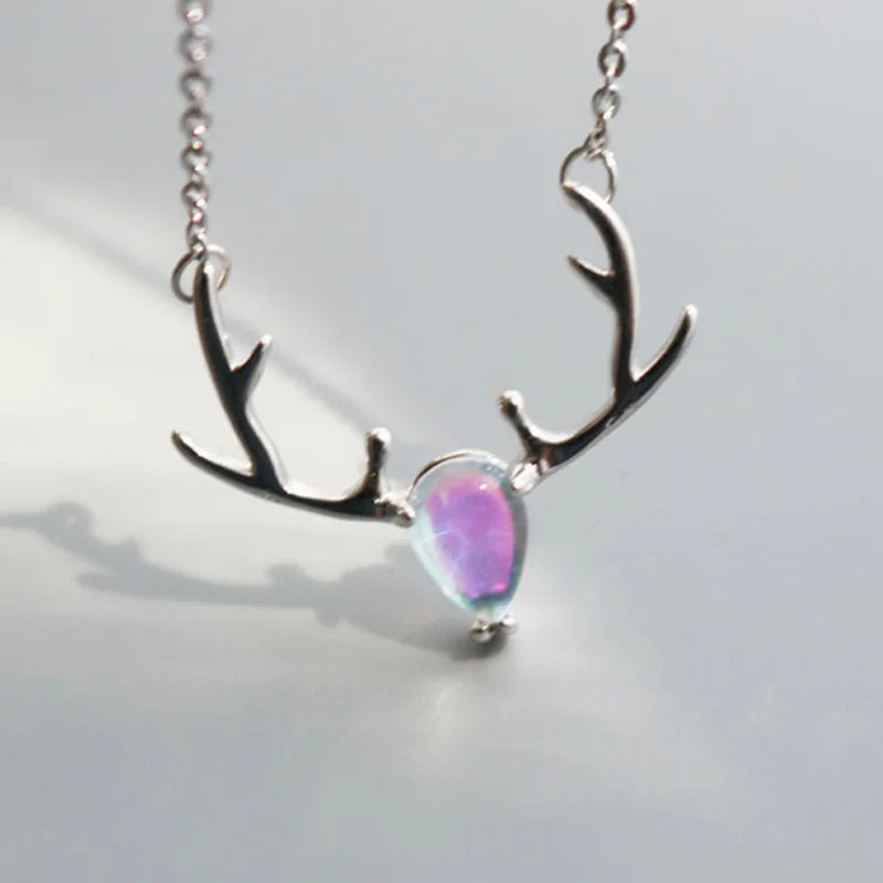925 Silver Pendant Necklace Multicolored Elk Antlers Moonstone Necklace
