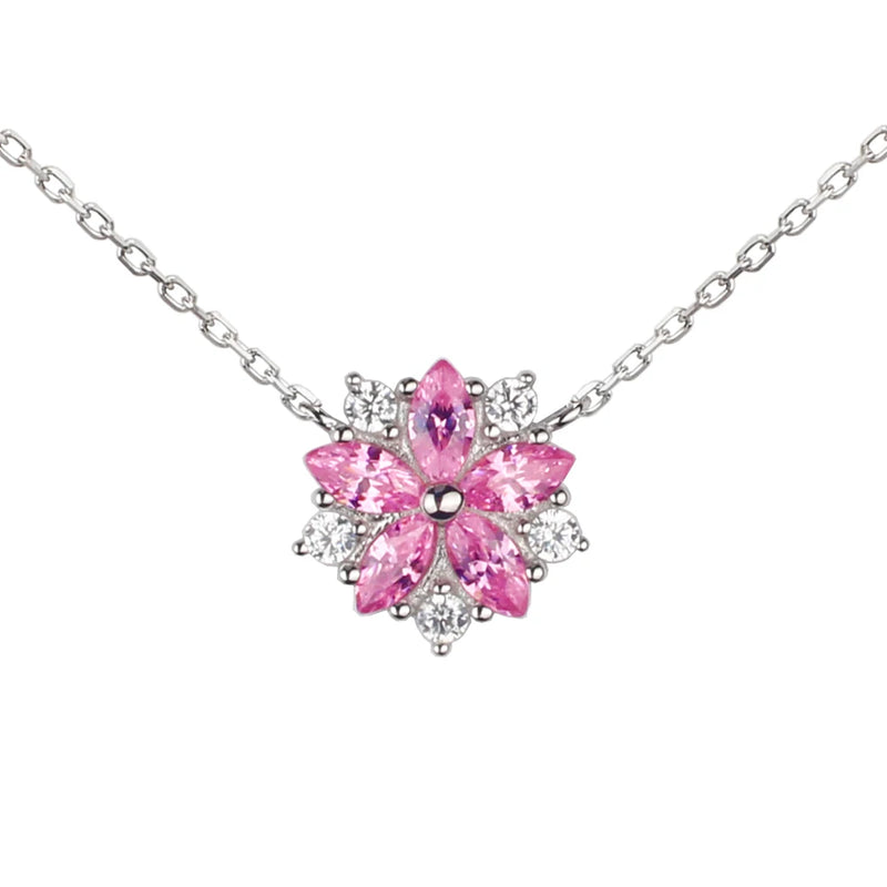 925 Silver Pendant Necklace Women Sakura Flower Pink CZ 40+5cm Chain