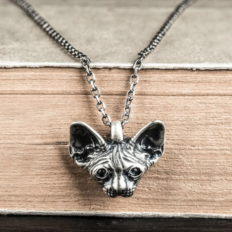 925 Silver Cat Pendant Women Necklace Vintage