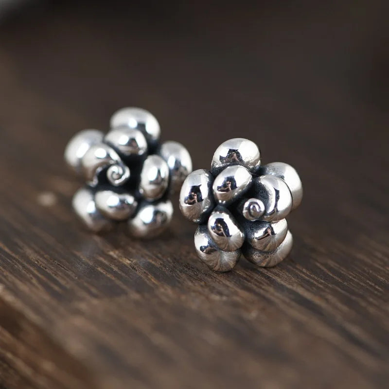 925 Silver Peony Flower Stud Earrings Women Vintage Party Wedding Jewelry