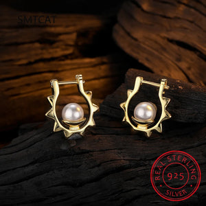 925 Silver Sun Pearl Ear Buckle Punk Rivet Hoop Earrings