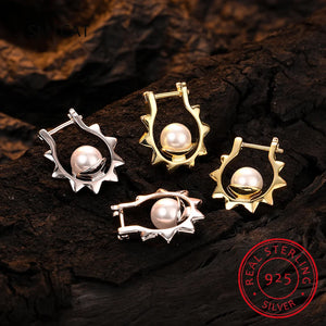 925 Silver Sun Pearl Ear Buckle Punk Rivet Hoop Earrings