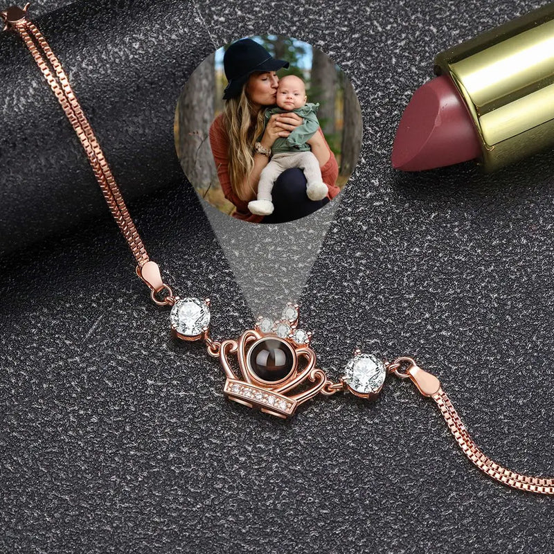 925 Silver Personalized Photo Bracelet Crown Pendant Projection Bracelet