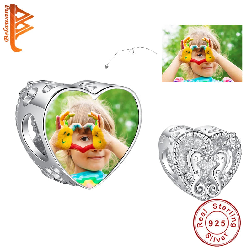 925 Silver Personalized Photo Charms Double Hippocampus Heart Beads