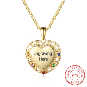 925 Silver Heart Pendant with 5 Birthstones Custom Name Mother Necklace
