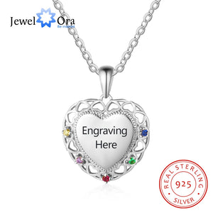 925 Silver Heart Pendant with 5 Birthstones Custom Name Mother Necklace