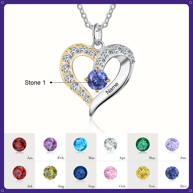 Personalized 925 Silver Heart Necklace with Name & Birthstones