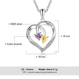 925 Sterling Silver Heart Necklace with 2 Birthstones & Engraved Name