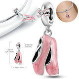 925 Silver Pink Ballet Skates Shoes Heart Charms Necklace Bracelet