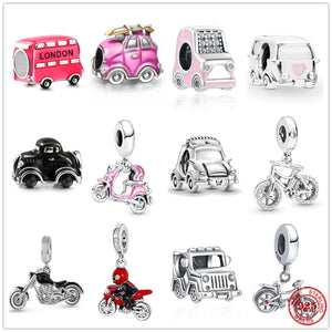 925 Silver Pink Motorcycle Car Bike Dangle Charm Bead for Bracelet Pendant DIY